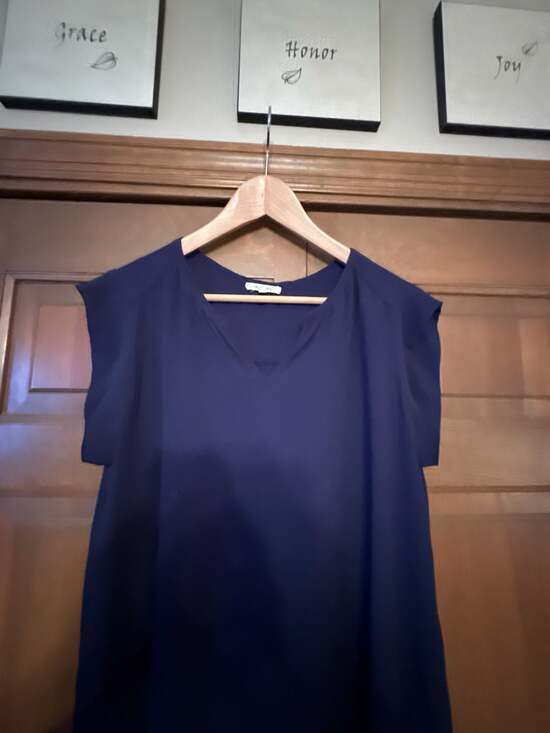 Pleione Navy Blue V-Neck Cap Sleeve Pleated Back Blouse Size L - Picture 4 of 5